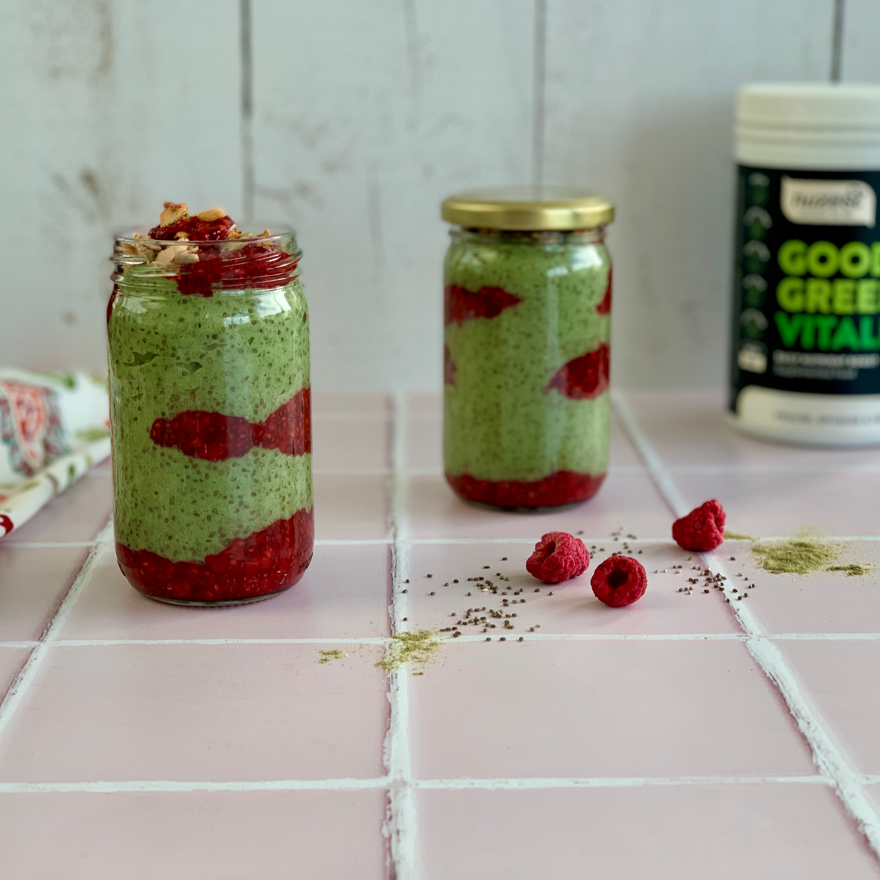 Green Chia Seed Pudding with Raspberry Chia Seed Jam Jars